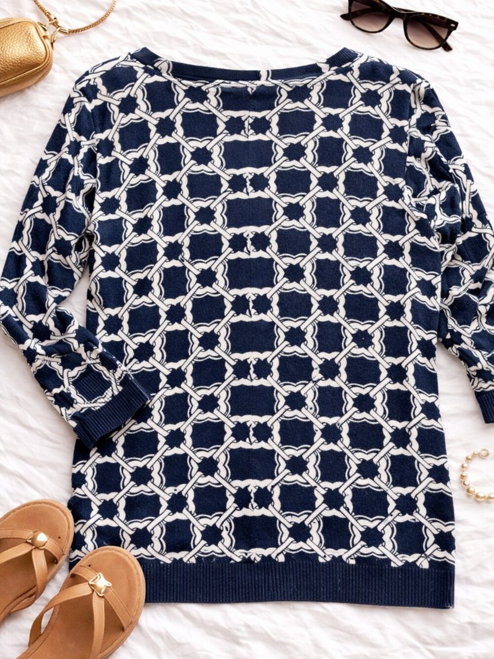 Navy & White Patterned Cardigan – Size L - Picture 2 of 4